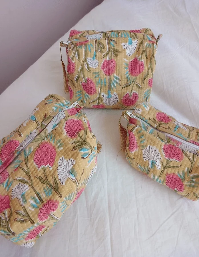 Yellow & Pink Floral Hand Block Printed Pouch(Set of 3)