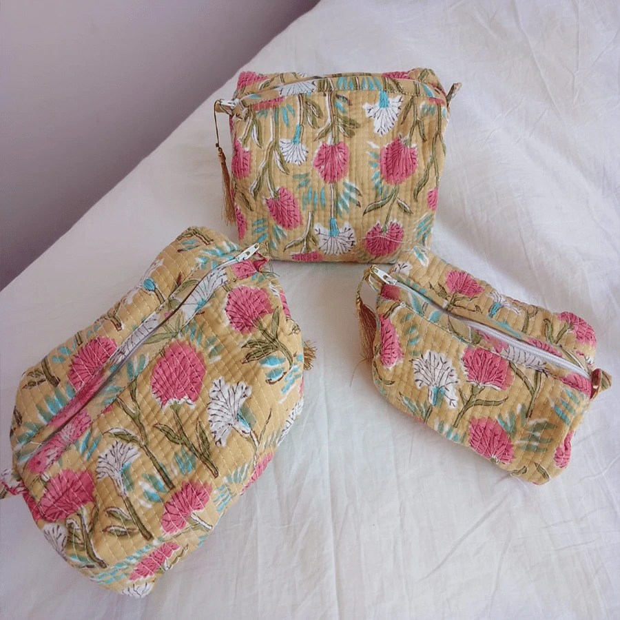 Yellow & Pink Floral Hand Block Printed Pouch(Set of 3)