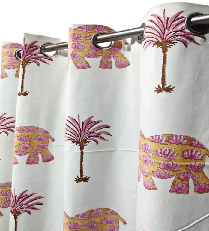 Ivory & Pink Cotton Elephant Hand Block Printed Curtains