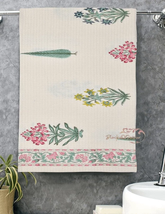 Pink & Green Floral Hand Block Printed Ivory Waffle Cotton Towel