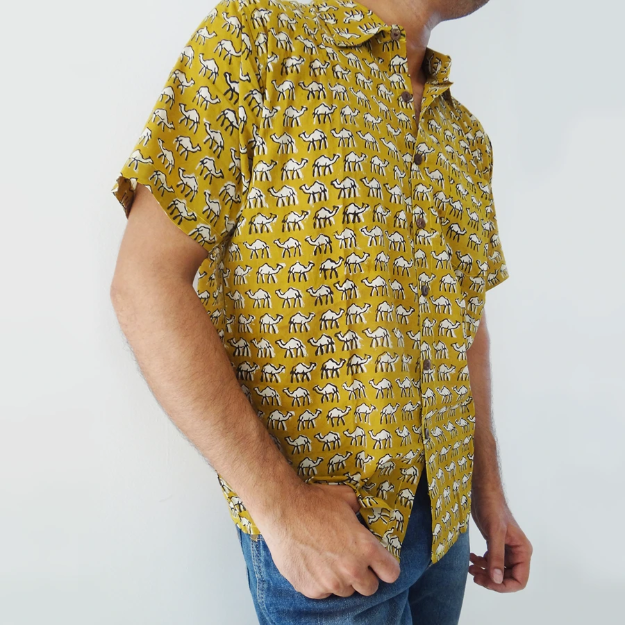 Mustard Camel Hand Block Printed Half Sleeves Cotton Shirt