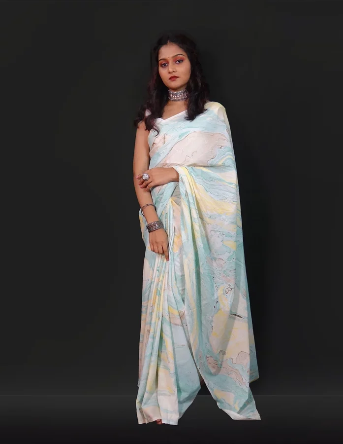 Yellow Blue And White Coloured Cotton Saree With Marble Printed Design With Blouse Piece