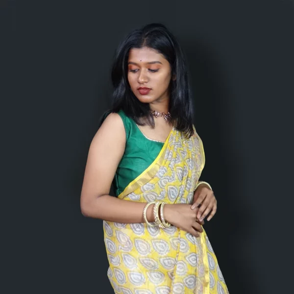 Yellow Coloured Kota Cotton Saree With Leaves Block Printed Design With Blouse Piece