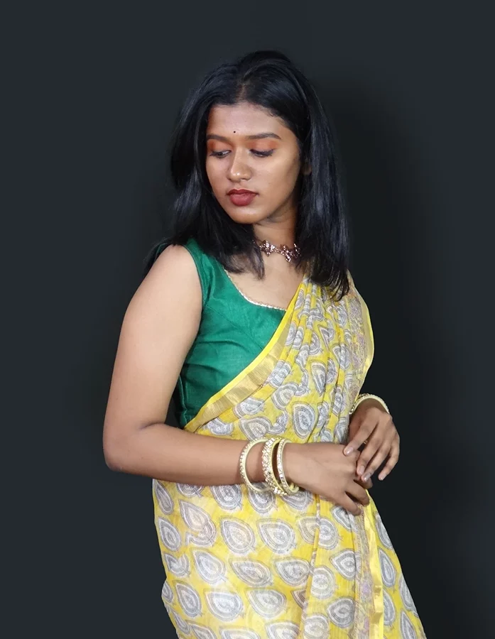 Kota Kapas: Yellow Kota Cotton Leaves Block Printed Saree - Gallery Image