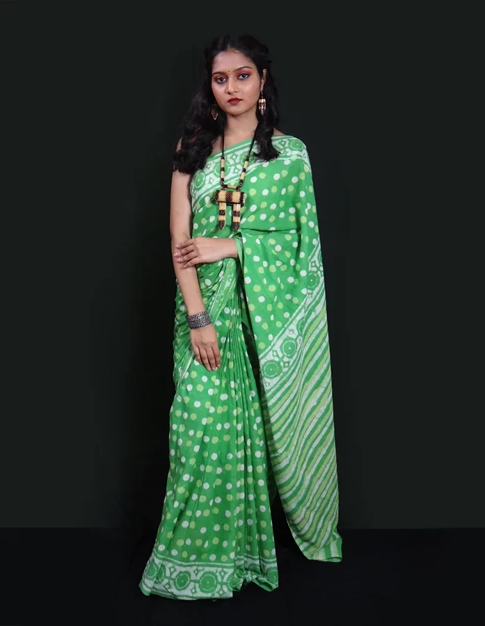 Light Green Cotton Saree with Hand Block Print design