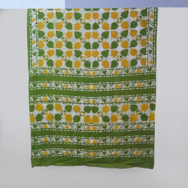 Green & Yellow Batik Leaves Hand Printed Cotton Saree With Blouse Piece