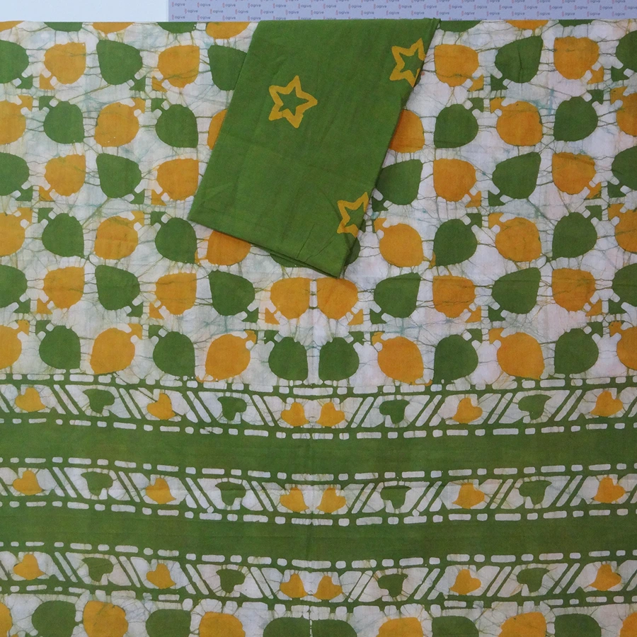 Green & Yellow Batik Leaves Hand Printed Cotton Saree With Blouse Piece