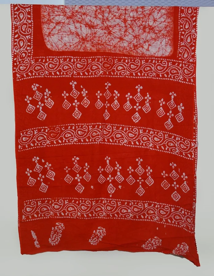 Orange Coloured Hand Batik Printed Cotton Saree