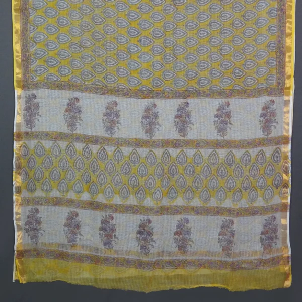 Yellow Coloured Kota Cotton Saree With Leaves Block Printed Design With Blouse Piece