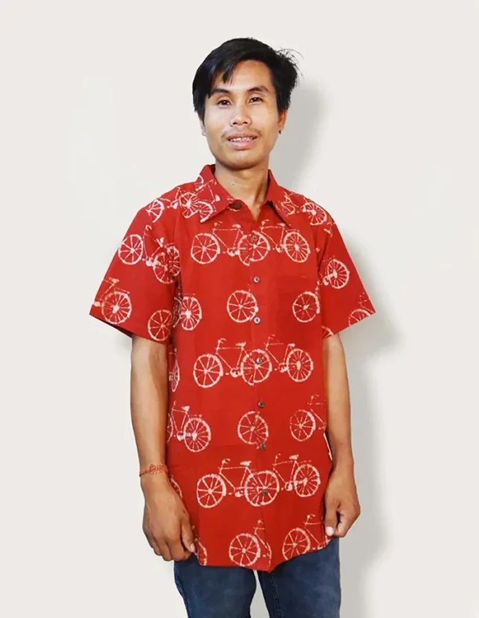 Red Cycles Hand Block Printed Half Sleeves Cotton Shirt