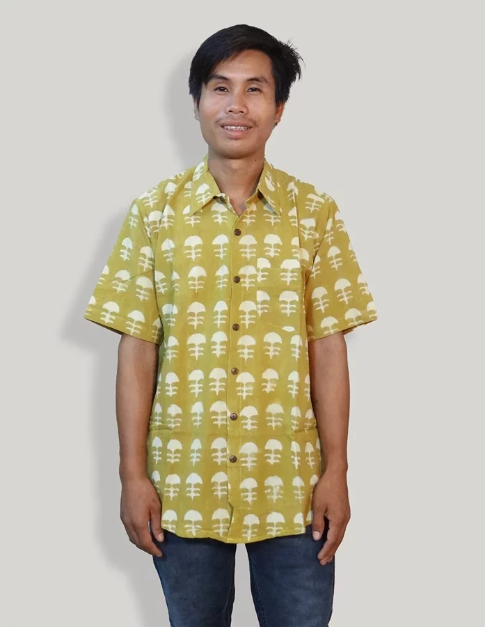 Mustard Floral Baatik Dyed Cotton Shirt