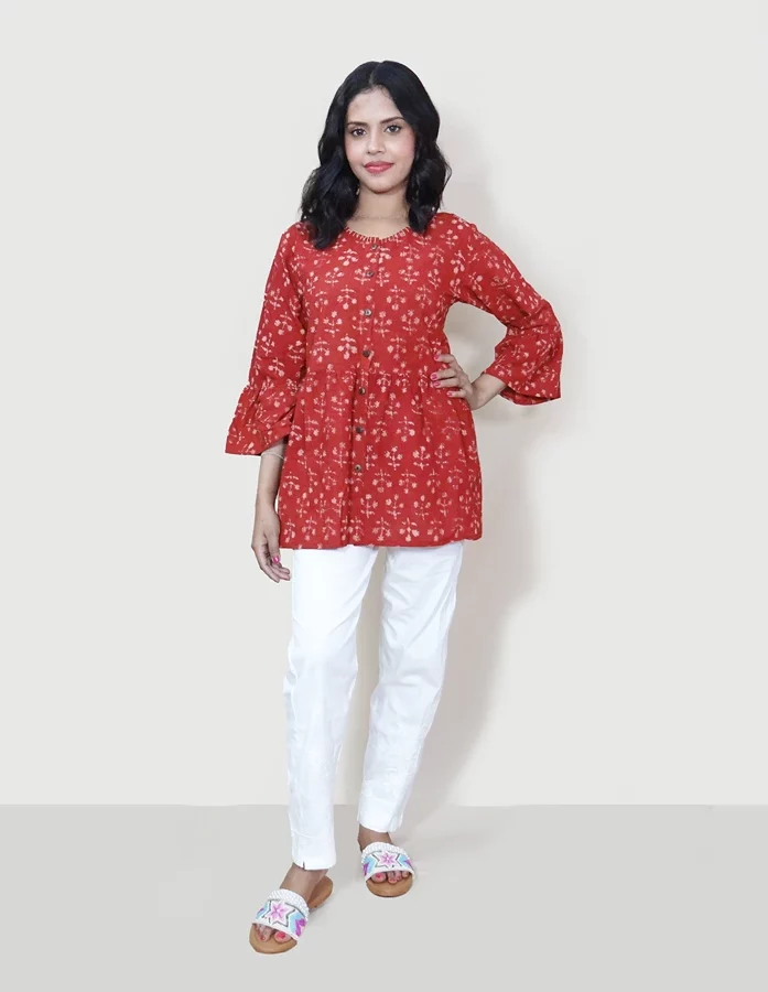Red and Beige Floral Hand Block Printed Short Kurti