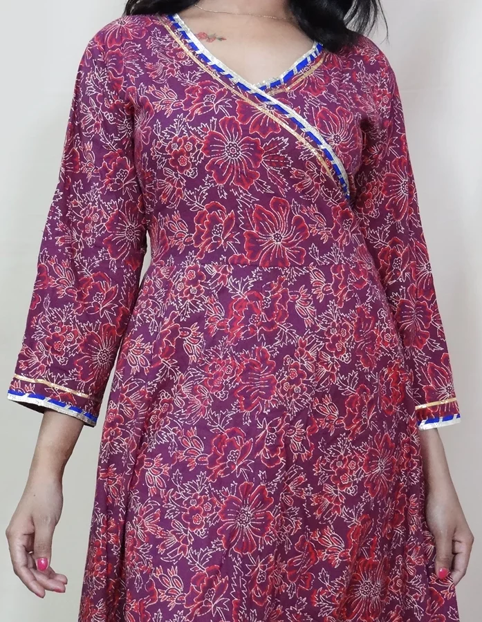 Burgundy Floral Hand Block Printed Anarkali Kurta