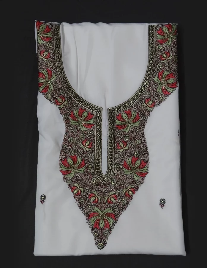 Ivory Kashmiri Embroidered Cotton Dress Material