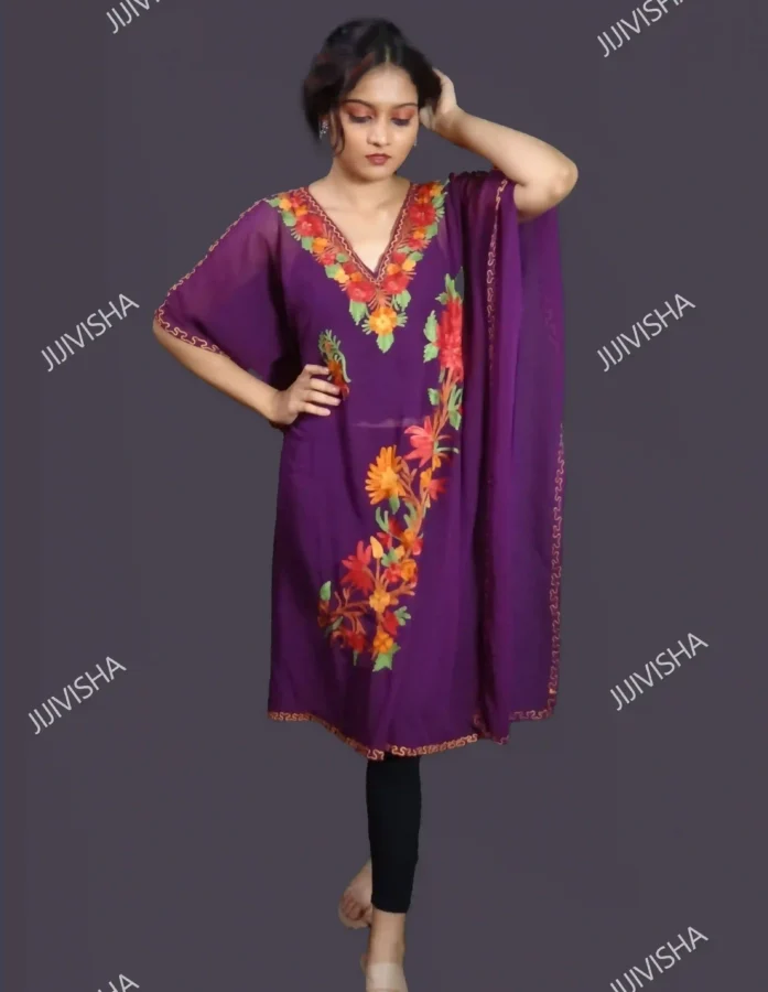 Purple Kashmiri Hand Embroidery Kaftan - Gallery Image