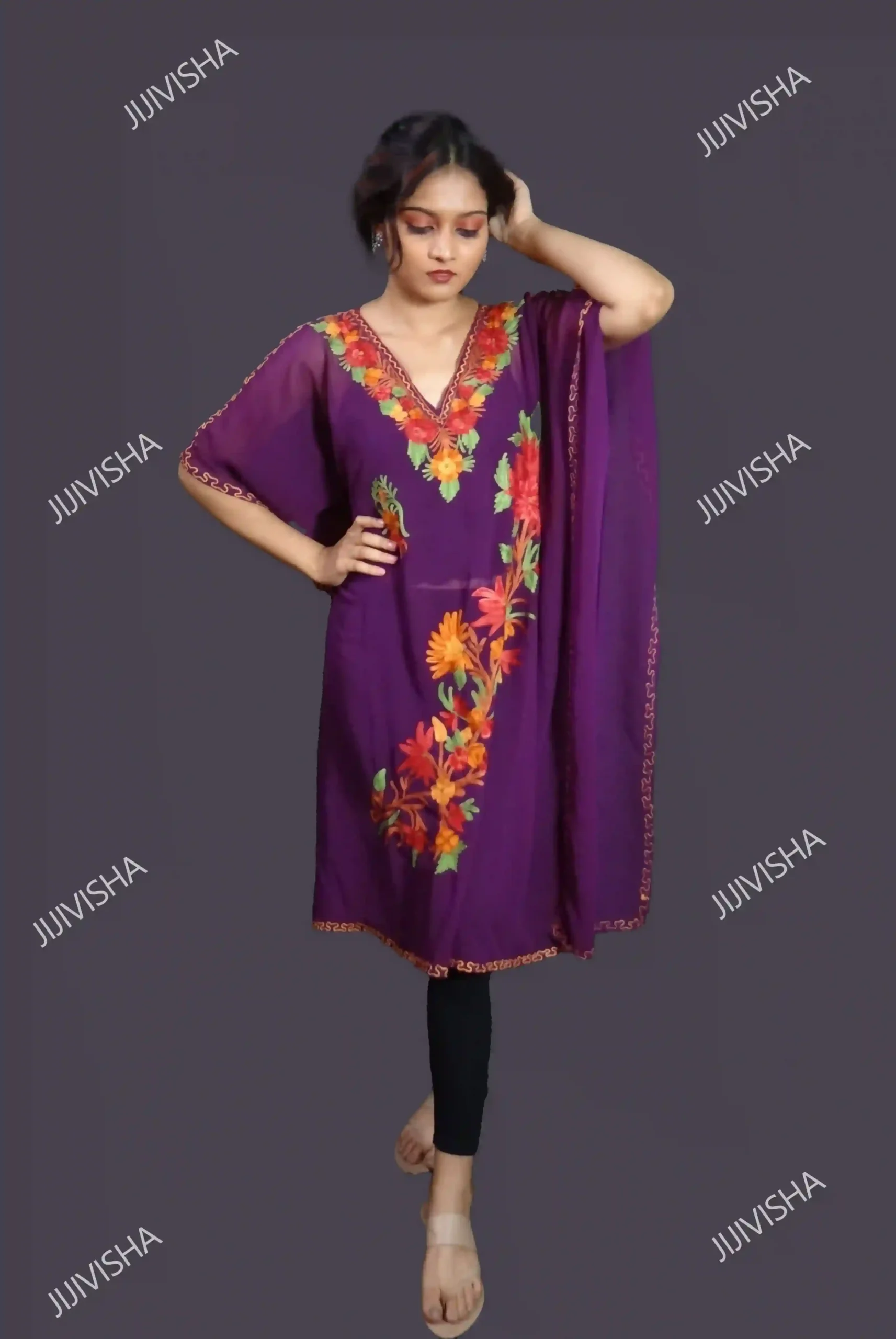 Buy Purple Kashmiri Hand Embroidery Kaftan Online