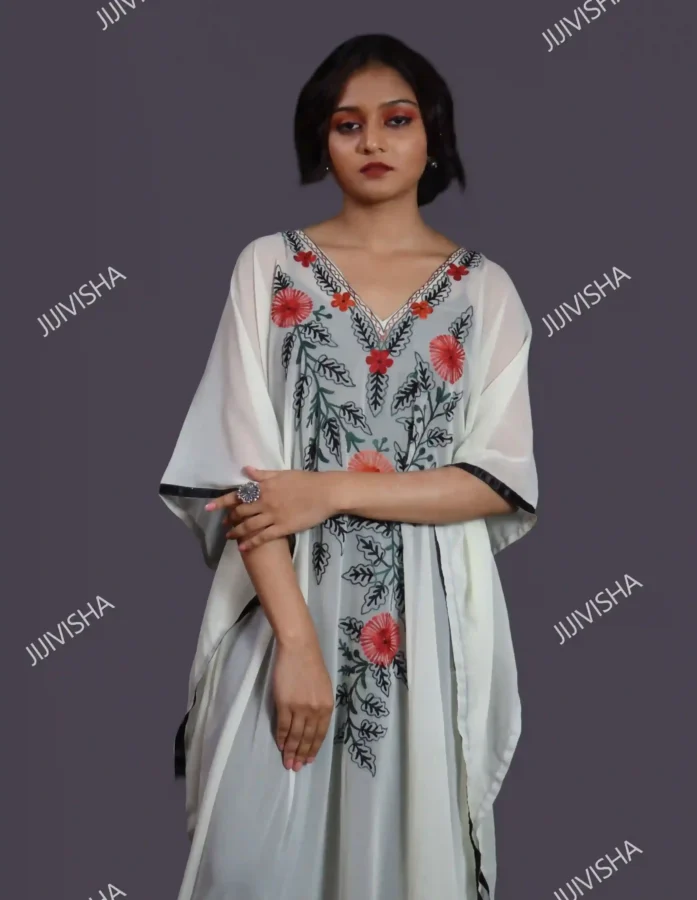 Off White Kashmiri Hand Embroidery Kaftan - Gallery Image