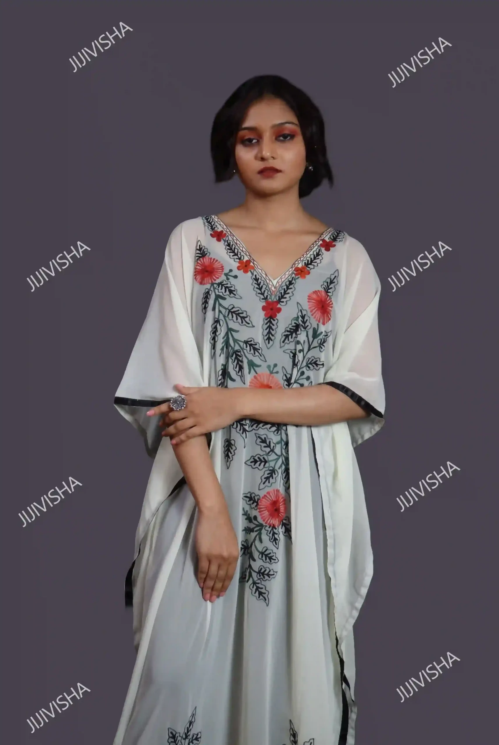Buy Off White Kashmiri Hand Embroidery Kaftan Online