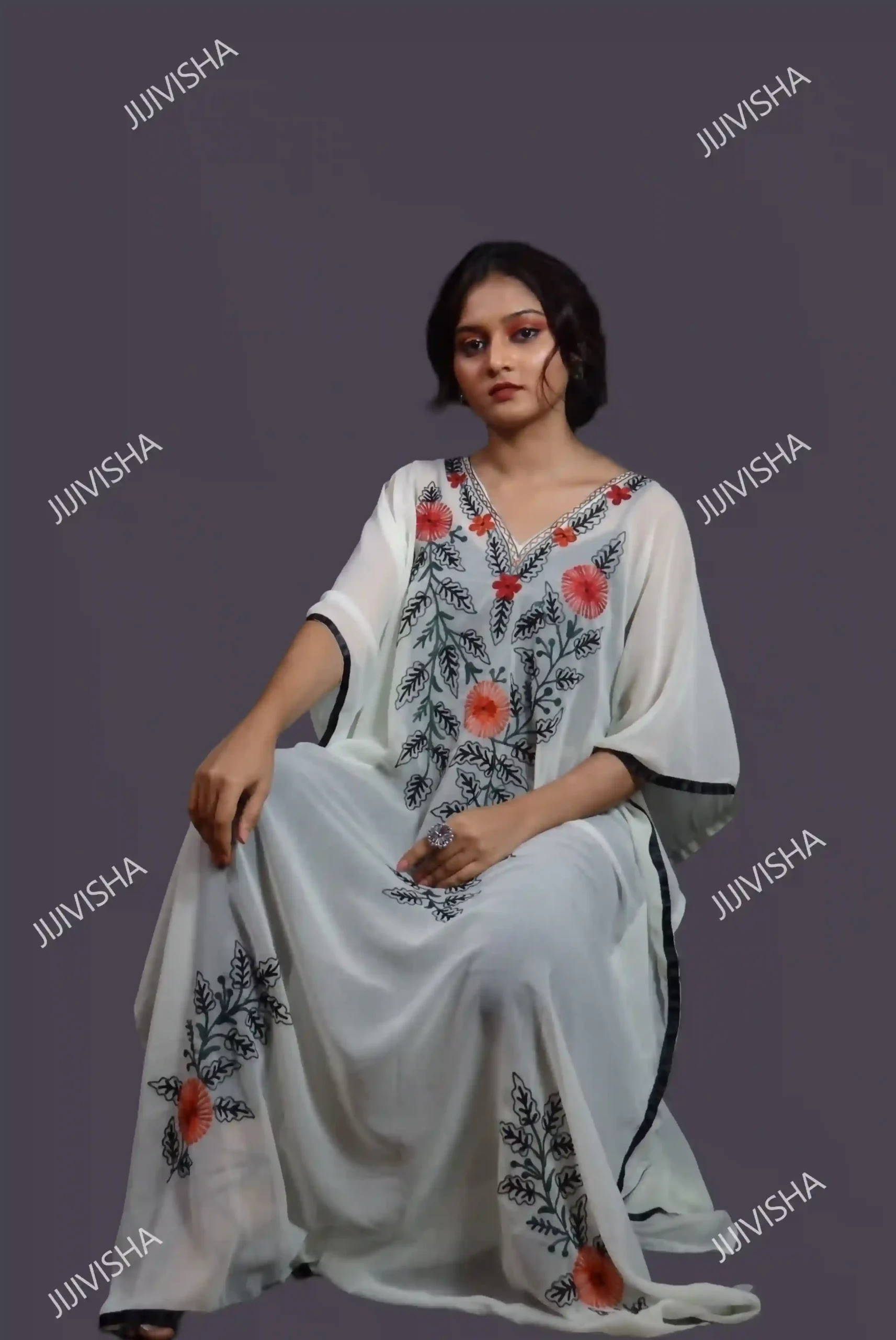 Buy Off White Kashmiri Hand Embroidery Kaftan Online