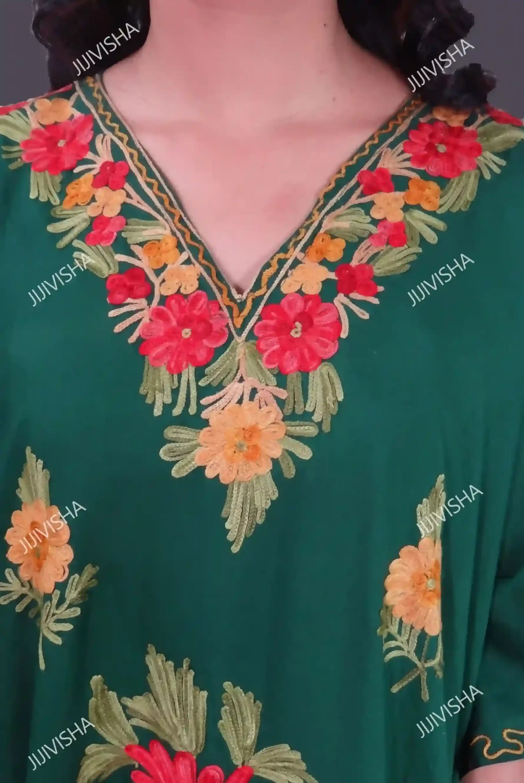 Buy Bottle Green Kashmiri Hand Embroidery Kaftan Online