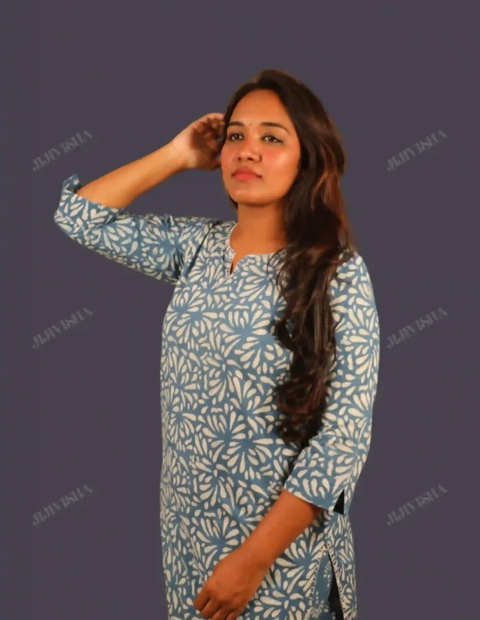 Blue Floral Hand Block Printed Kurta Set - Gallery Image