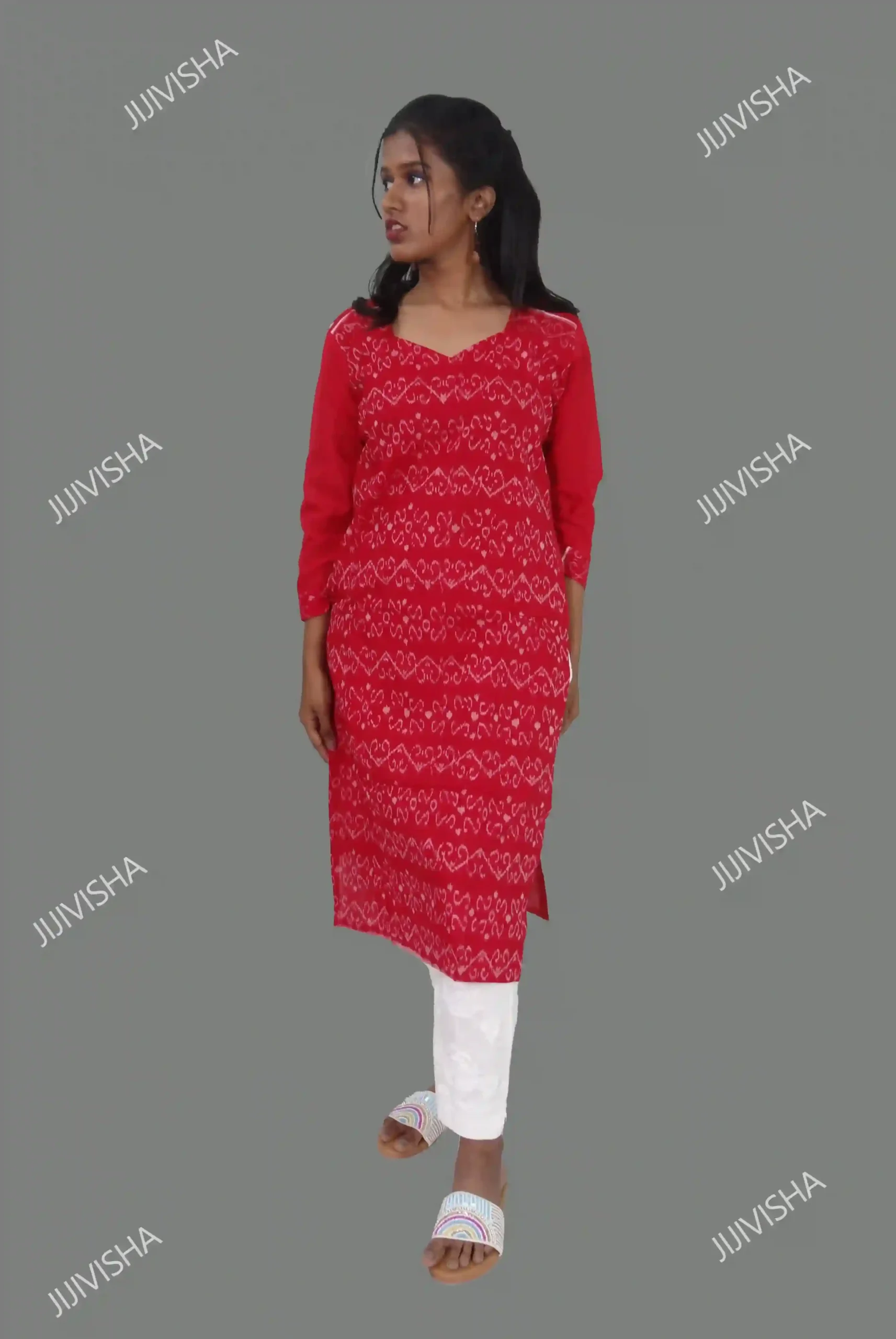 JVWAPKU010_3 Red Handwoven Sambalpuri Cotton Kurta Online
