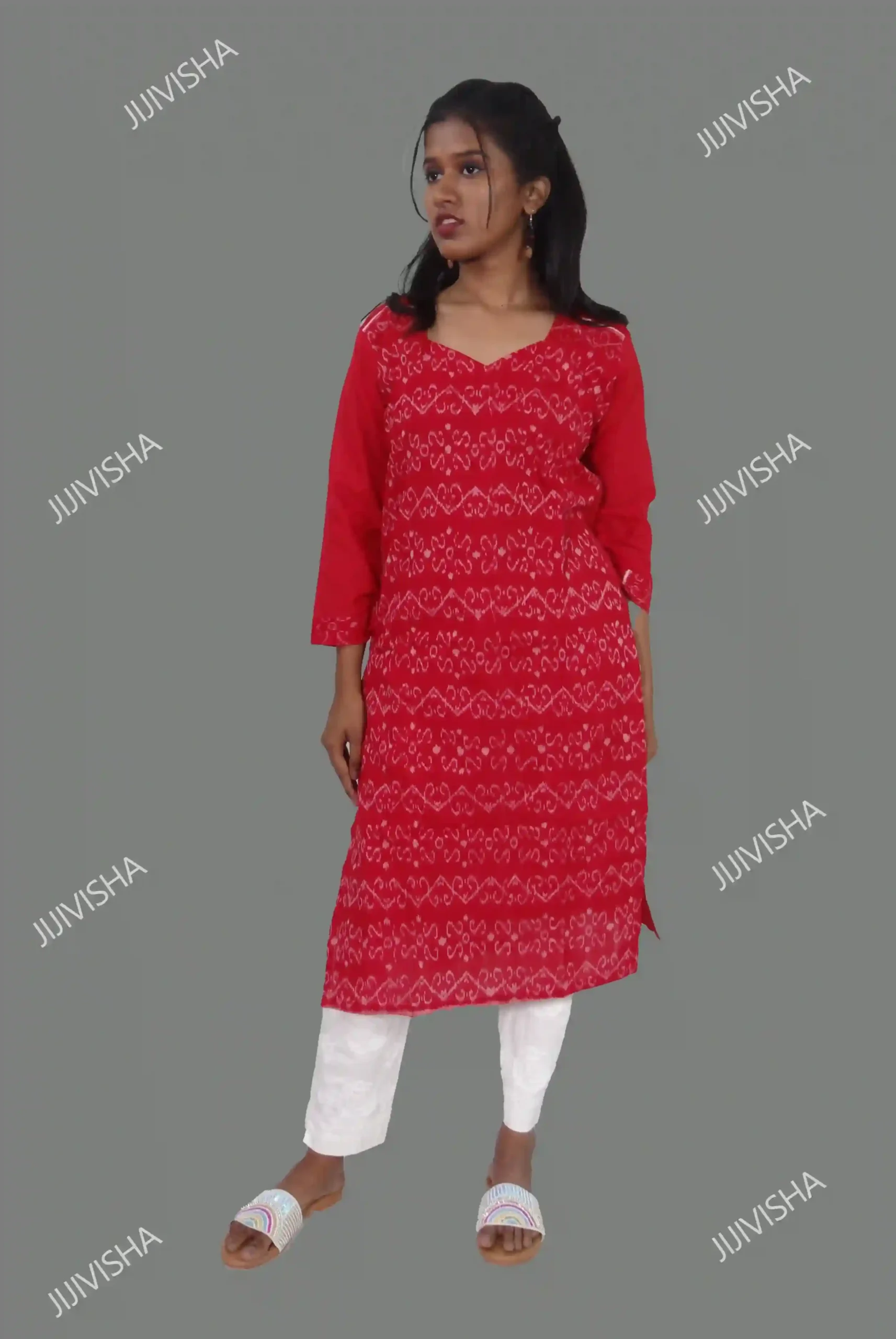 JVWAPKU010_4 Red Handwoven Sambalpuri Cotton Kurta Online
