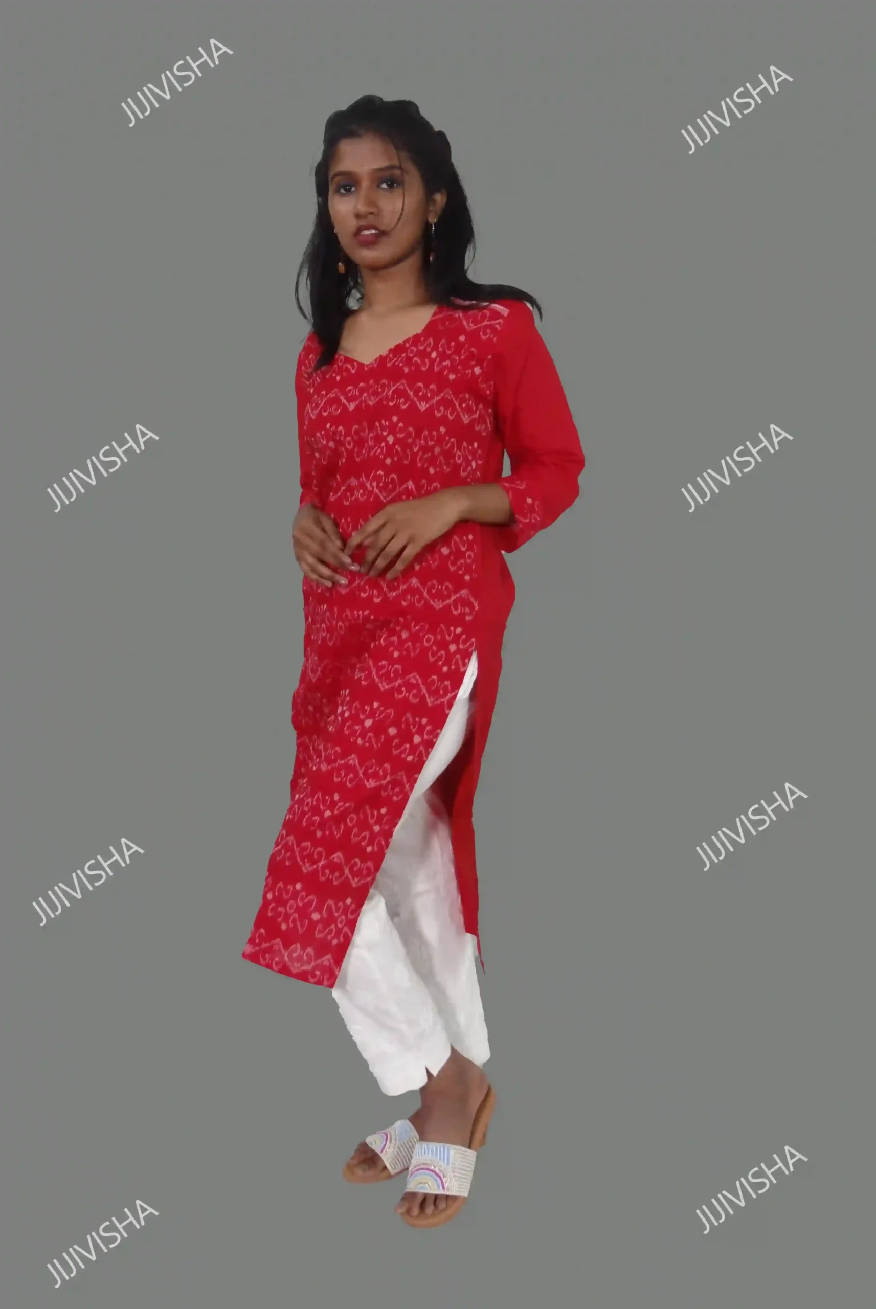 JVWAPKU010_5 Red Handwoven Sambalpuri Cotton Kurta Online