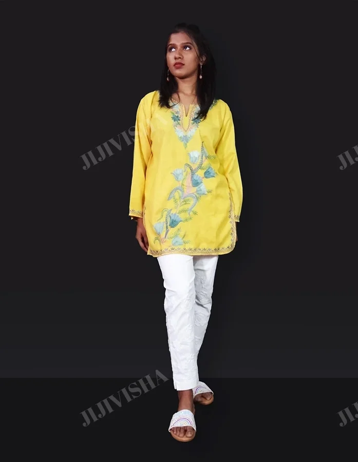 Buy Yellow Cotton Kashmiri Hand Embroidery Short Kurti