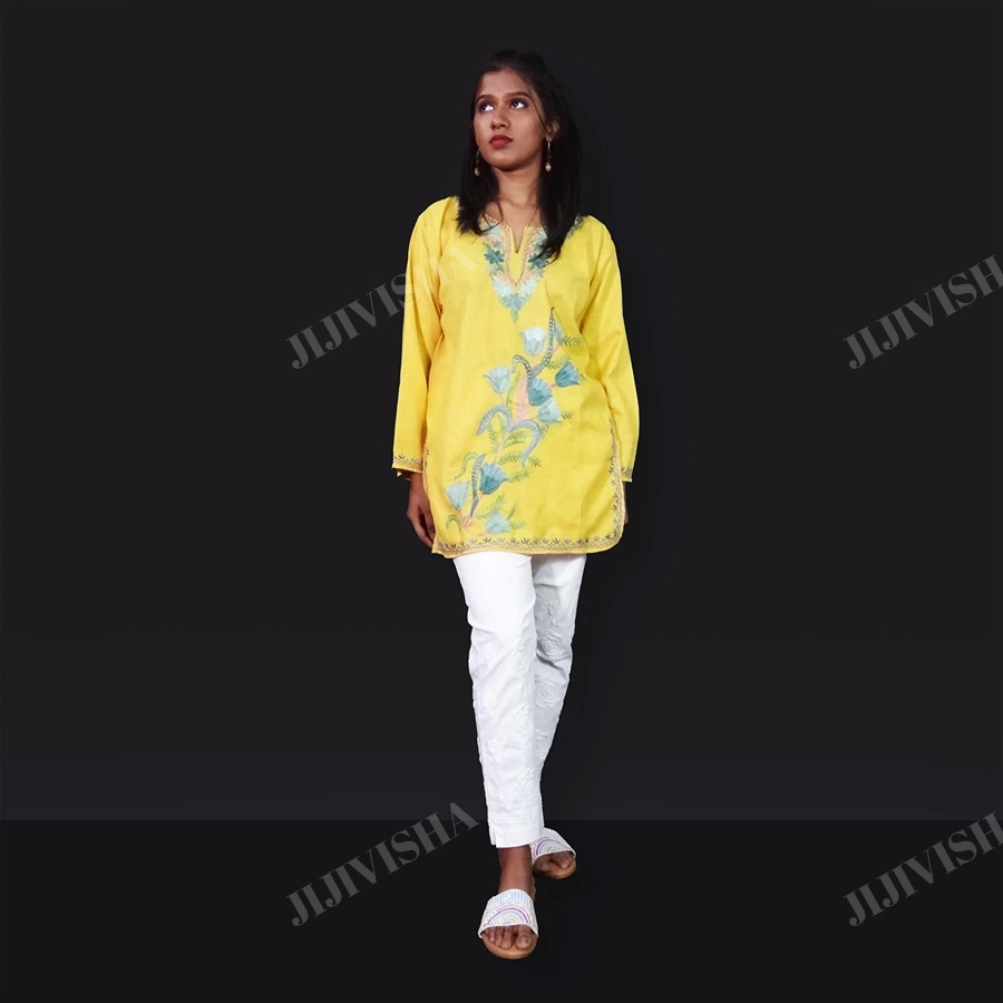 JVWAPSK005_2 Buy Yellow Cotton Kashmiri Hand Embroidery Short Kurti
