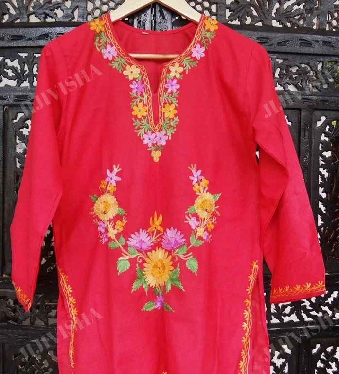 Buy ‎Pink Cotton Kashmiri Hand Embroidery Short Kurti Online