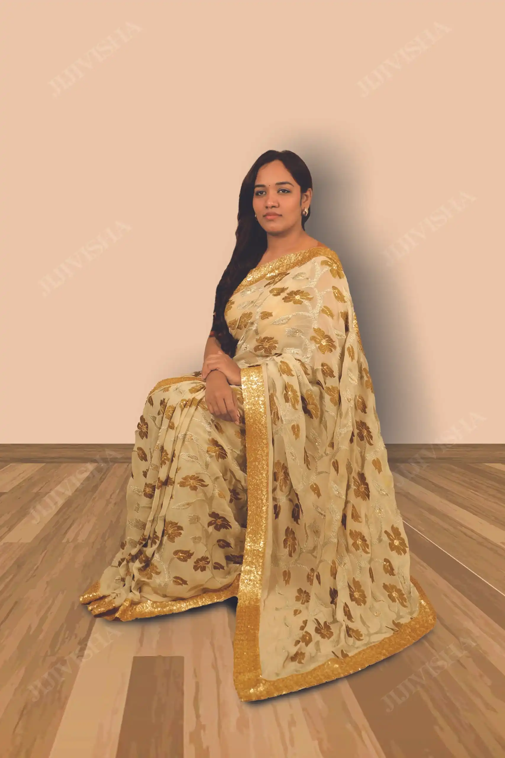 Buy Ivory Georgette Brocade Saree Online