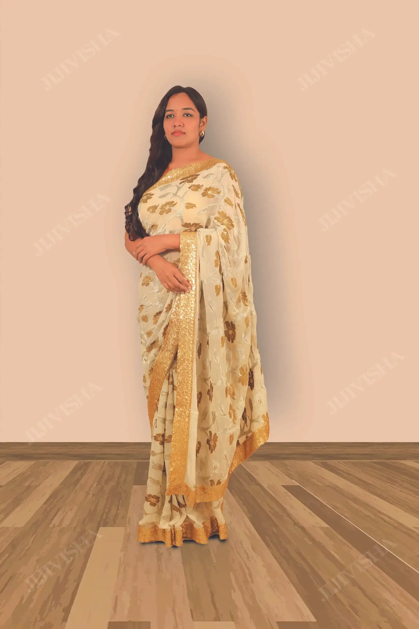 Buy Ivory Georgette Brocade Saree Online