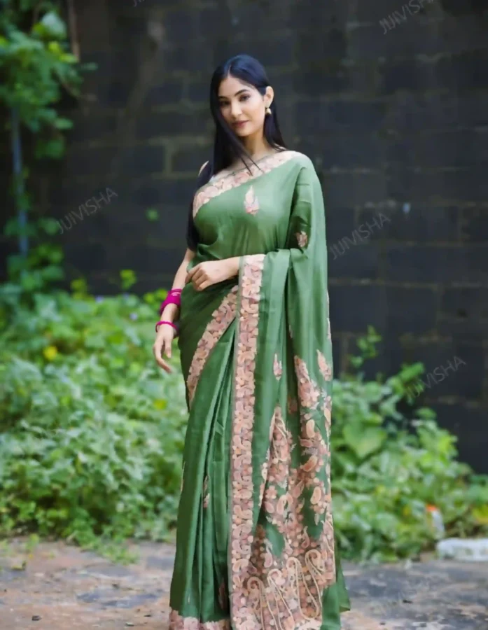 Buy Green Tussar Silk Kashmiri Hand Embroidery Saree Online