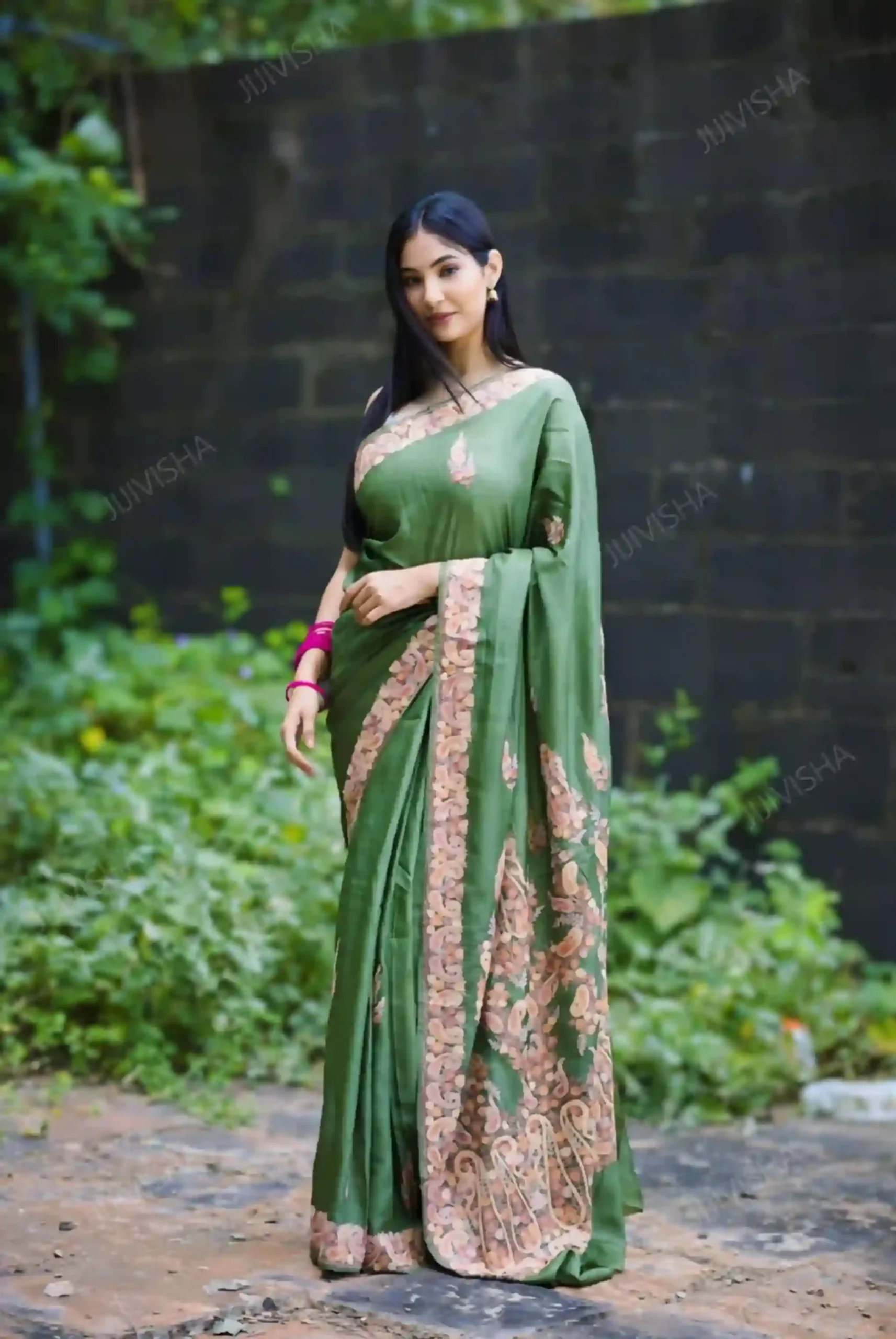 Buy Green Tussar Silk Kashmiri Hand Embroidery Saree Online