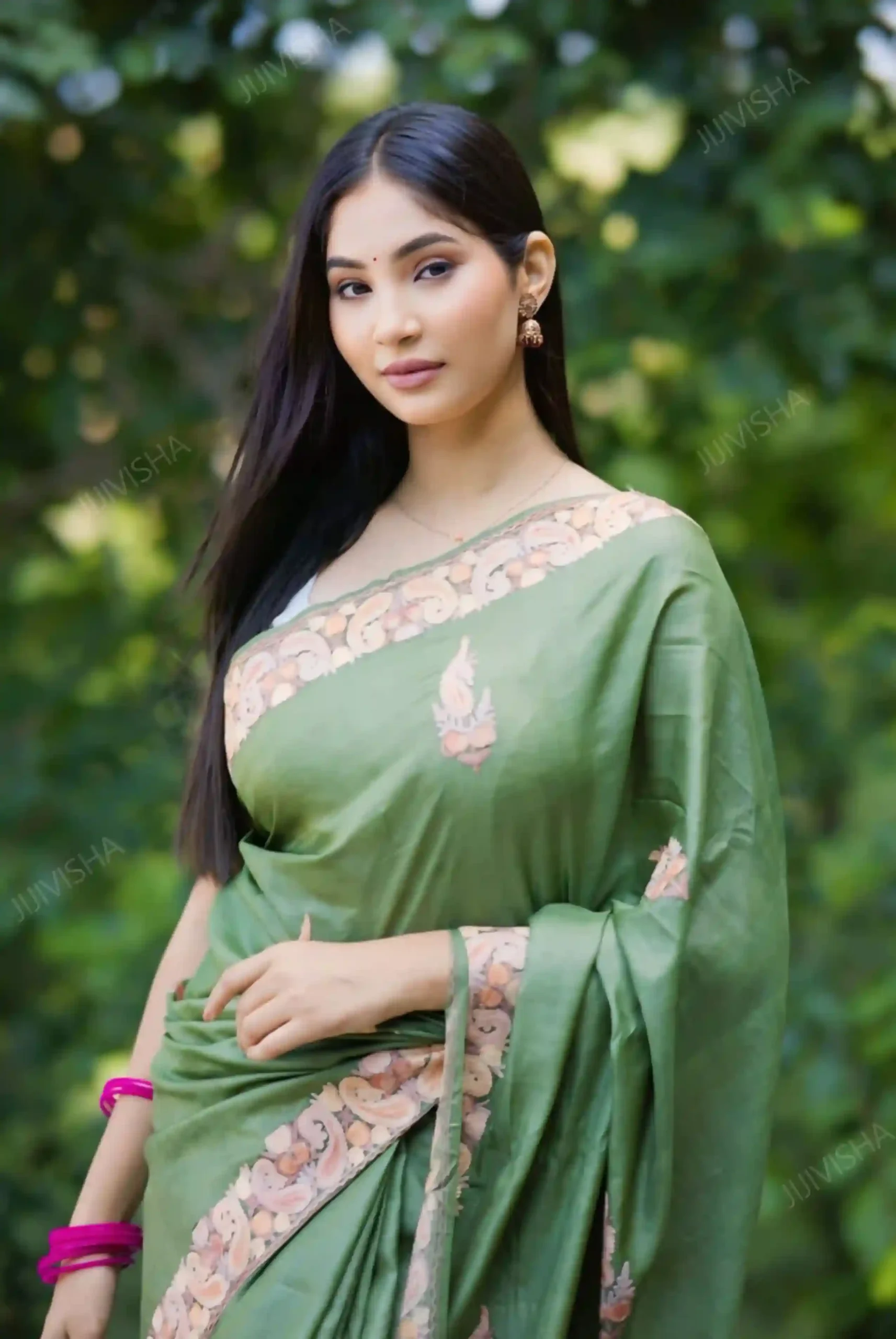 Buy Green Tussar Silk Kashmiri Hand Embroidery Saree Online