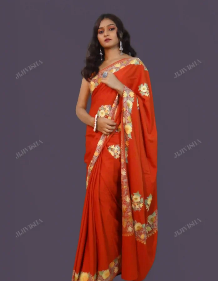Buy Coral Red Crepe Kashmiri Hand Embroidery Saree Online