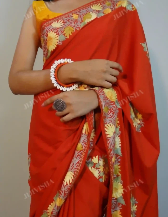 Buy Coral Red Crepe Kashmiri Hand Embroidery Saree Online