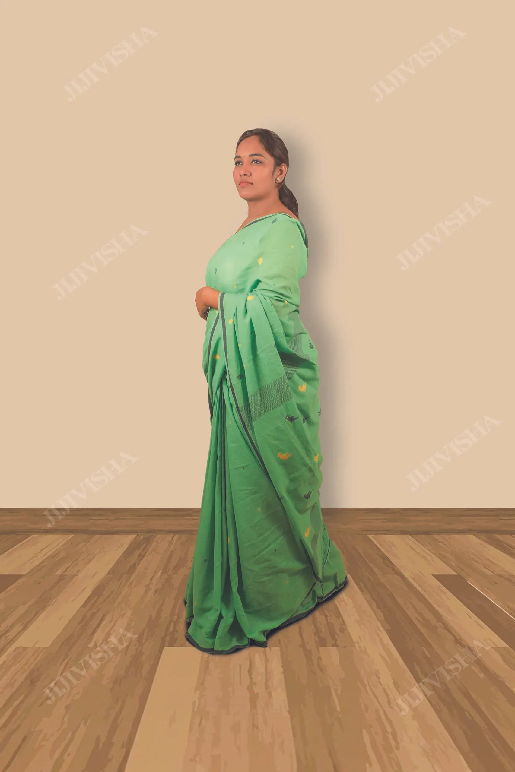 Buy Parrot Green Jamdani Cotton Saree Online