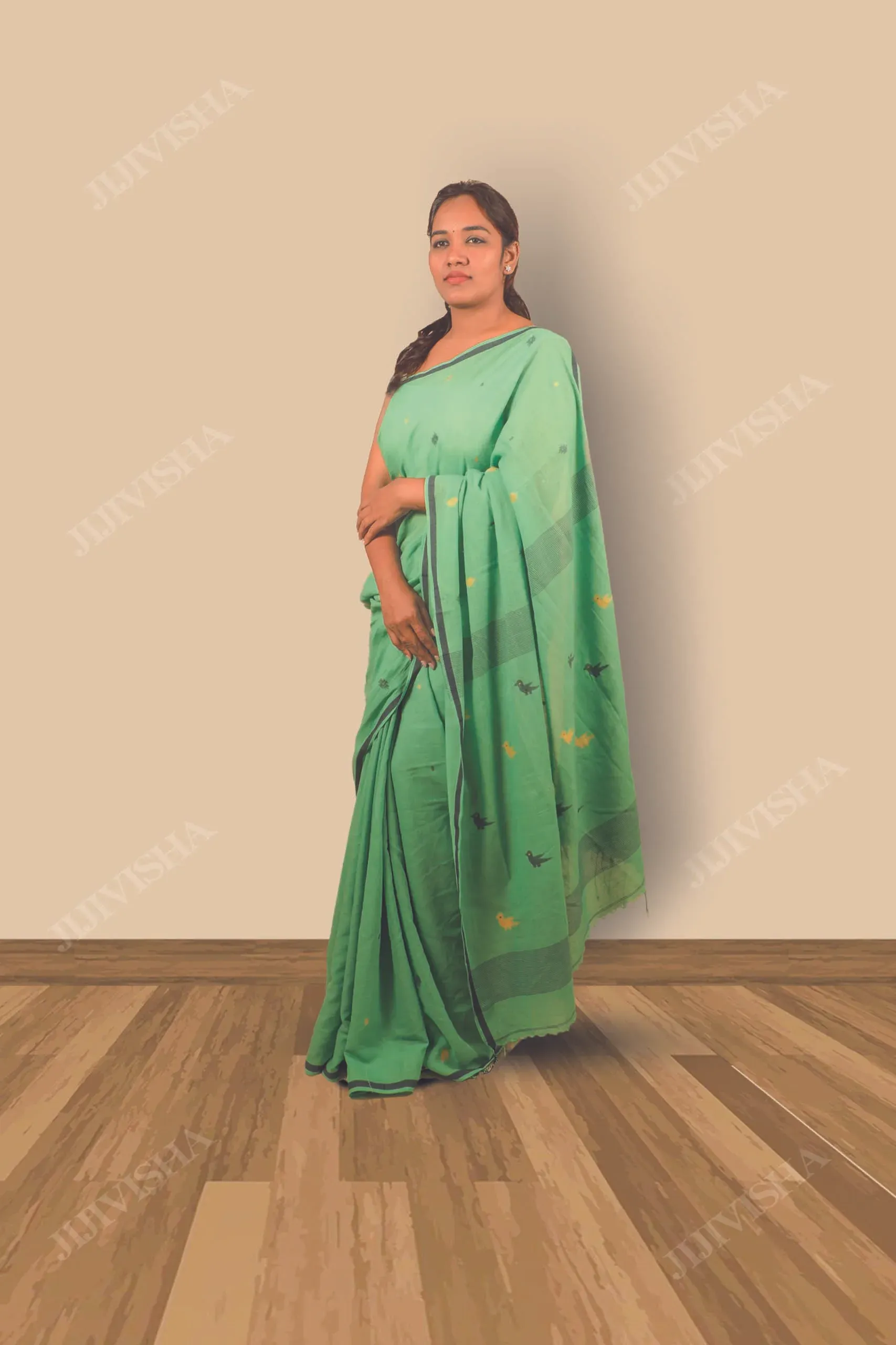 Buy Parrot Green Jamdani Cotton Saree Online