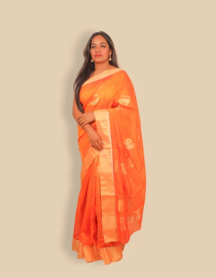 Orange Coloured Chanderi Silk Saree With Elephant Theme