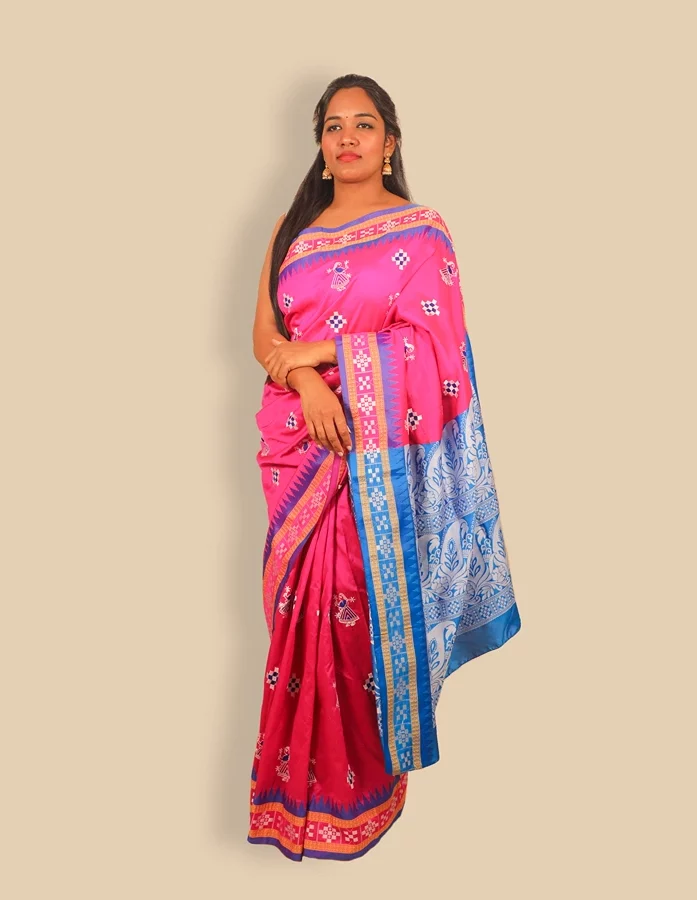 Pink Coloured Satin Silk Embroidered Sambalpuri Saree