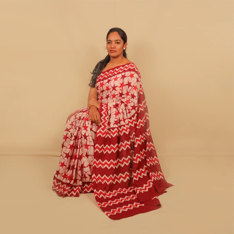 Red & Yellow Floral Hand Block Printed Cotton Saree with Blouse Piece