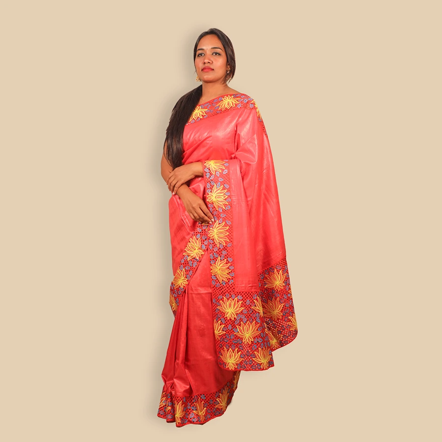 Red Coloured Tussar Silk Saree With Cutwork Design