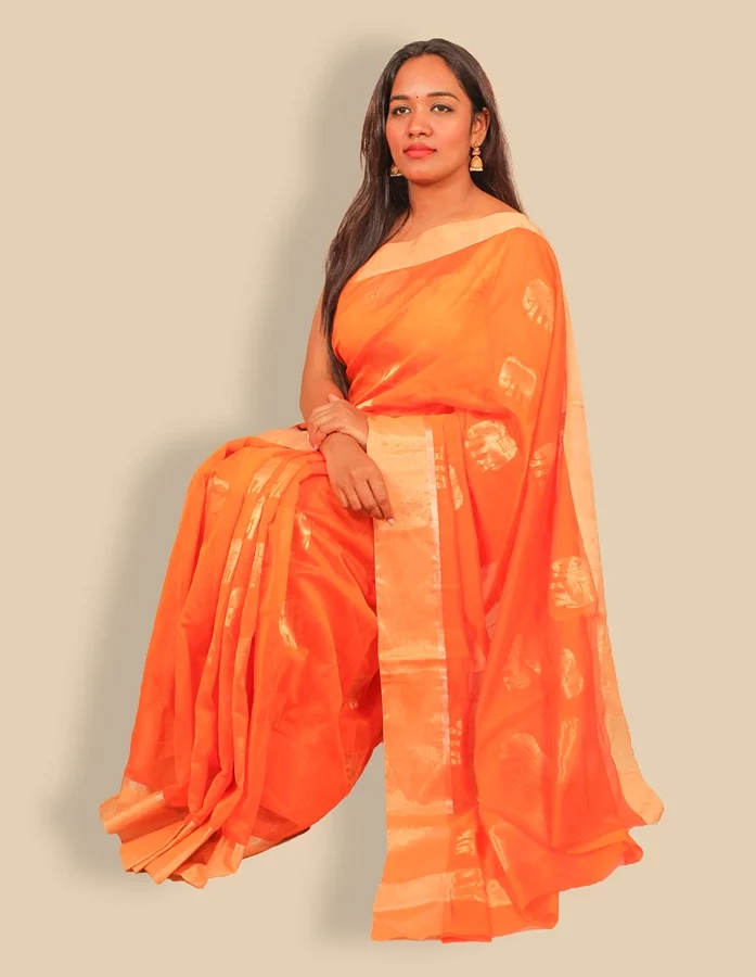 Orange Coloured Chanderi Silk Saree With Elephant Theme