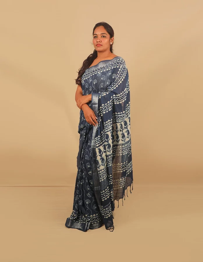 Indigo coloured Linen Saree with Blouse Piece having Floral Block Print design