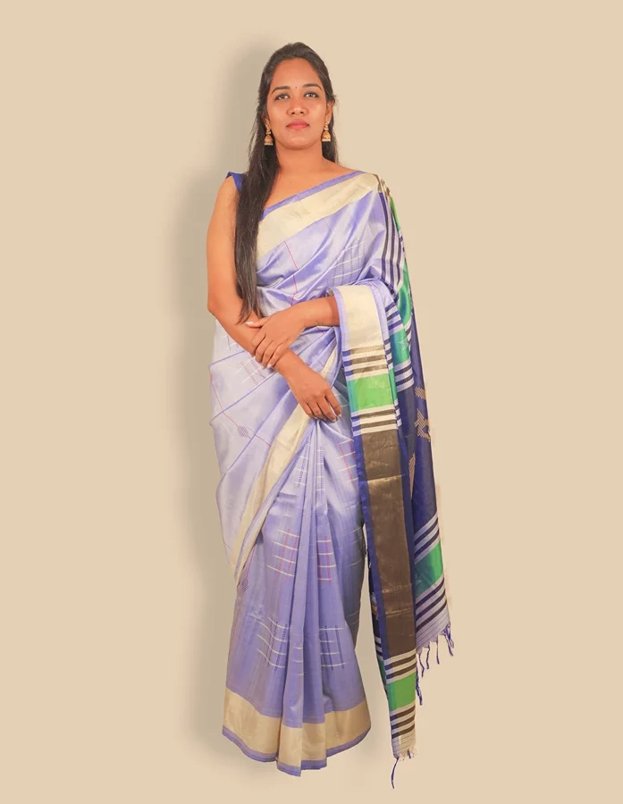 Light Blue & Dark Blue Coloured Pure Katan Silk Kolakhetra Saree