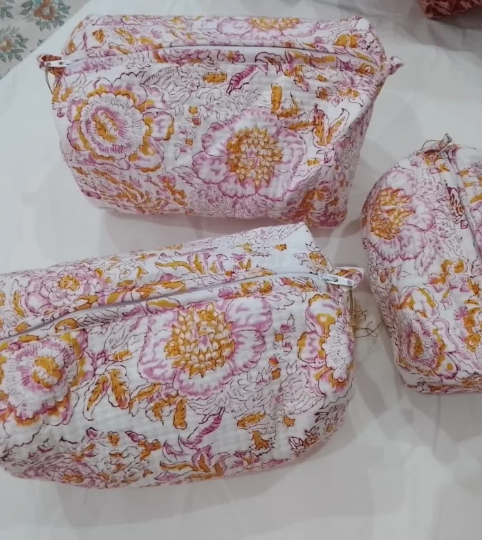 Pink & Ivory Floral Hand Block Printed Pouch(Set of 3