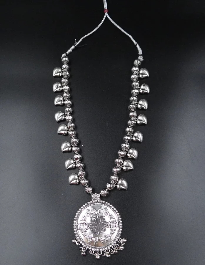 Traditional Kashmiri German Silver Necklace With Round Pendant