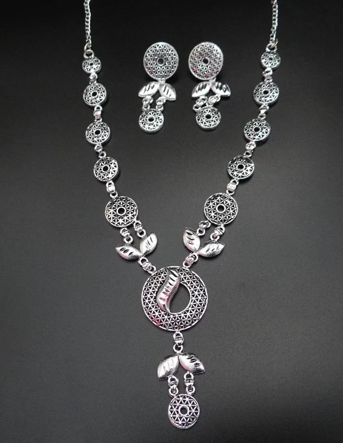 Traditional Kashmiri White Silver Necklace & Earrings Set